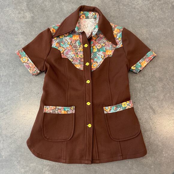 Vintage 80's 90's Handmade Floral Brown Button Up Tie Back Blouse Small - Picture 1 of 5